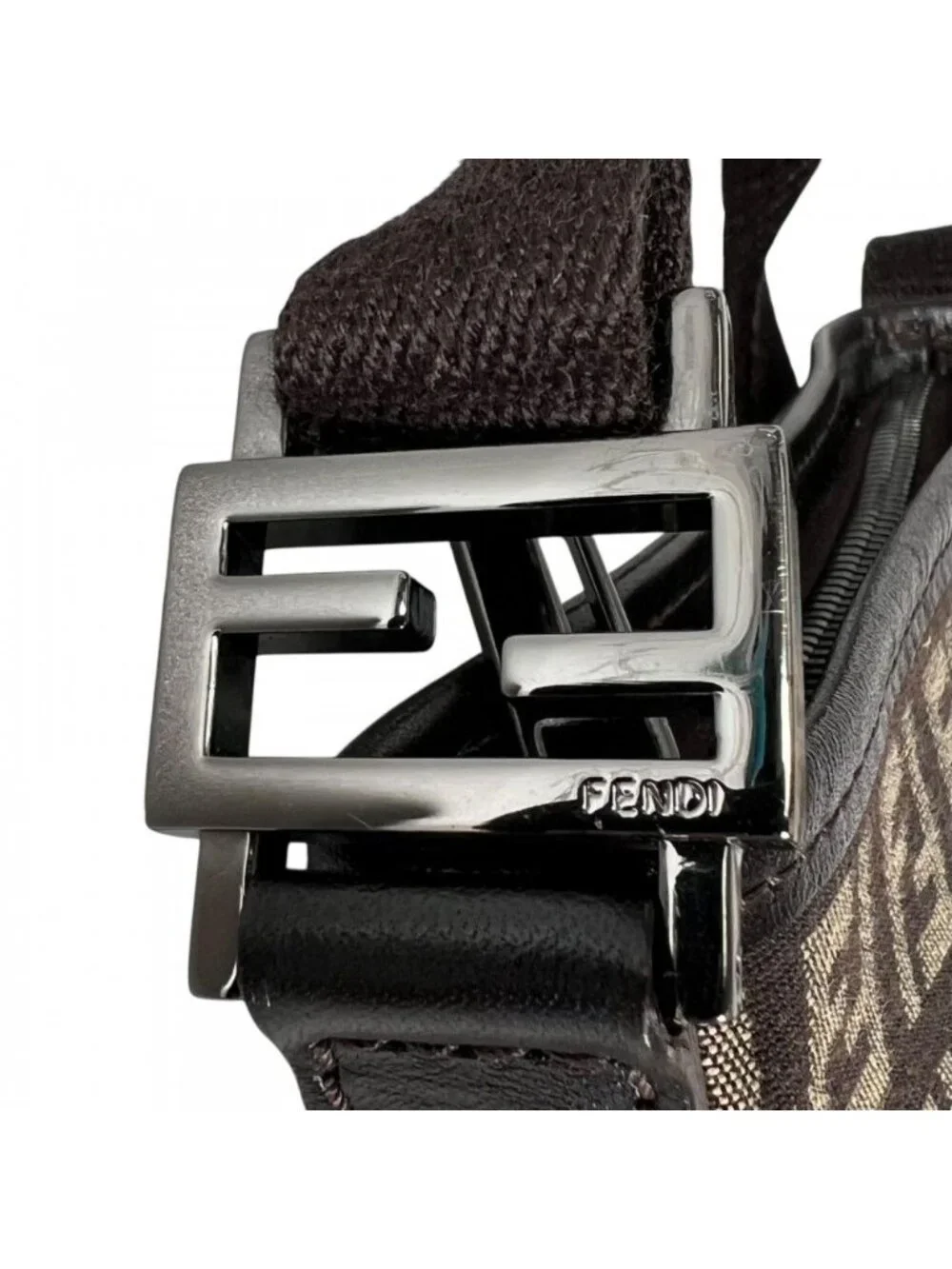 Fendi Shoulder Bag Canvas Leather Brown Silver